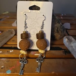 Handmade key earrings with brown and tan beads